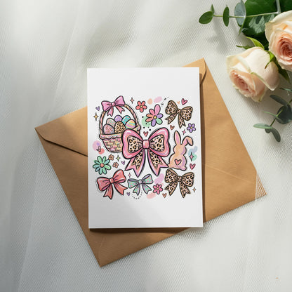 Easter card with pastel eggs, basket, bows, and flowers on brown envelope.