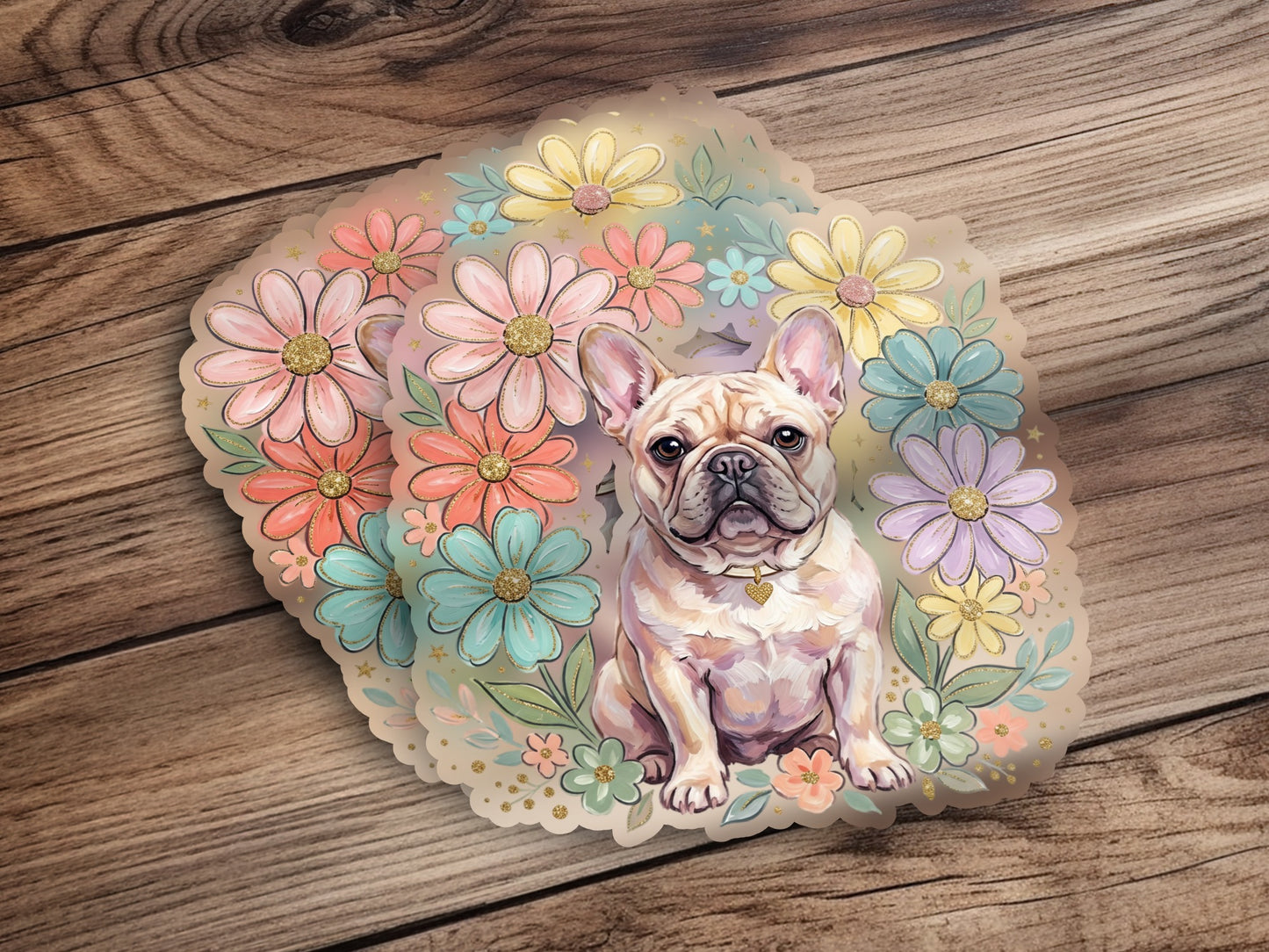 French bulldog surrounded by pastel floral wreath on wood background.