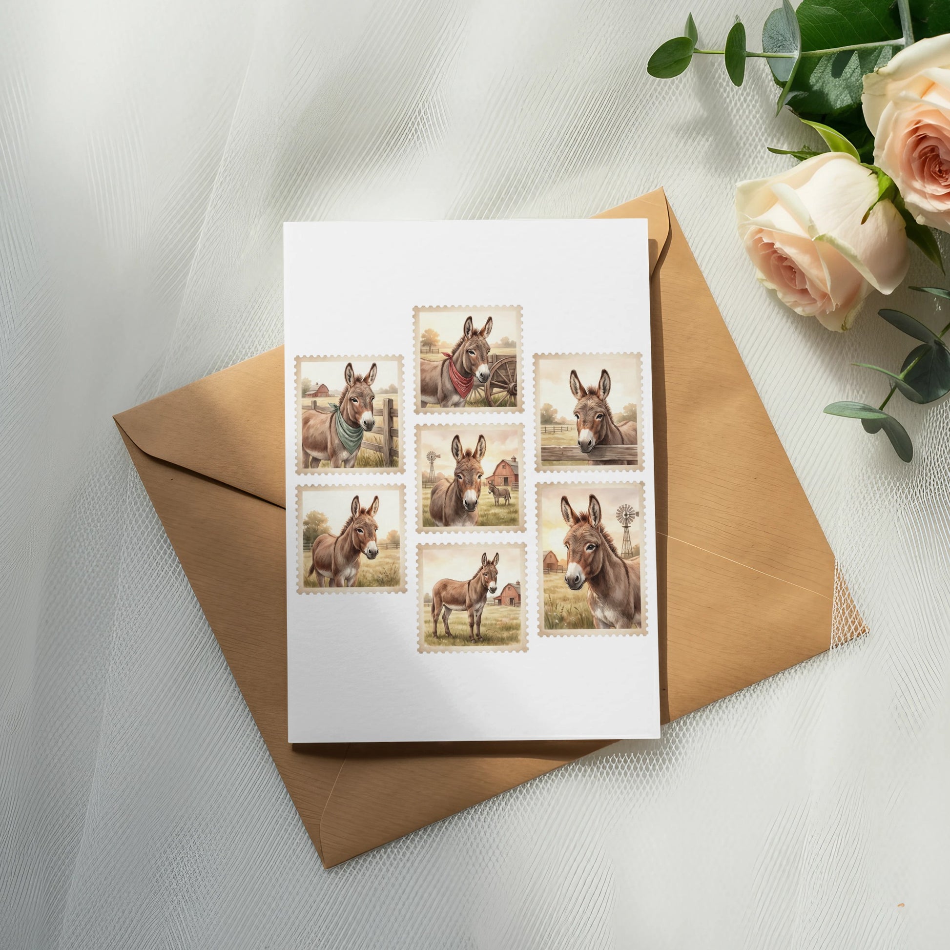 Collection of six donkey postage stamps with rural scenes on a brown envelope.