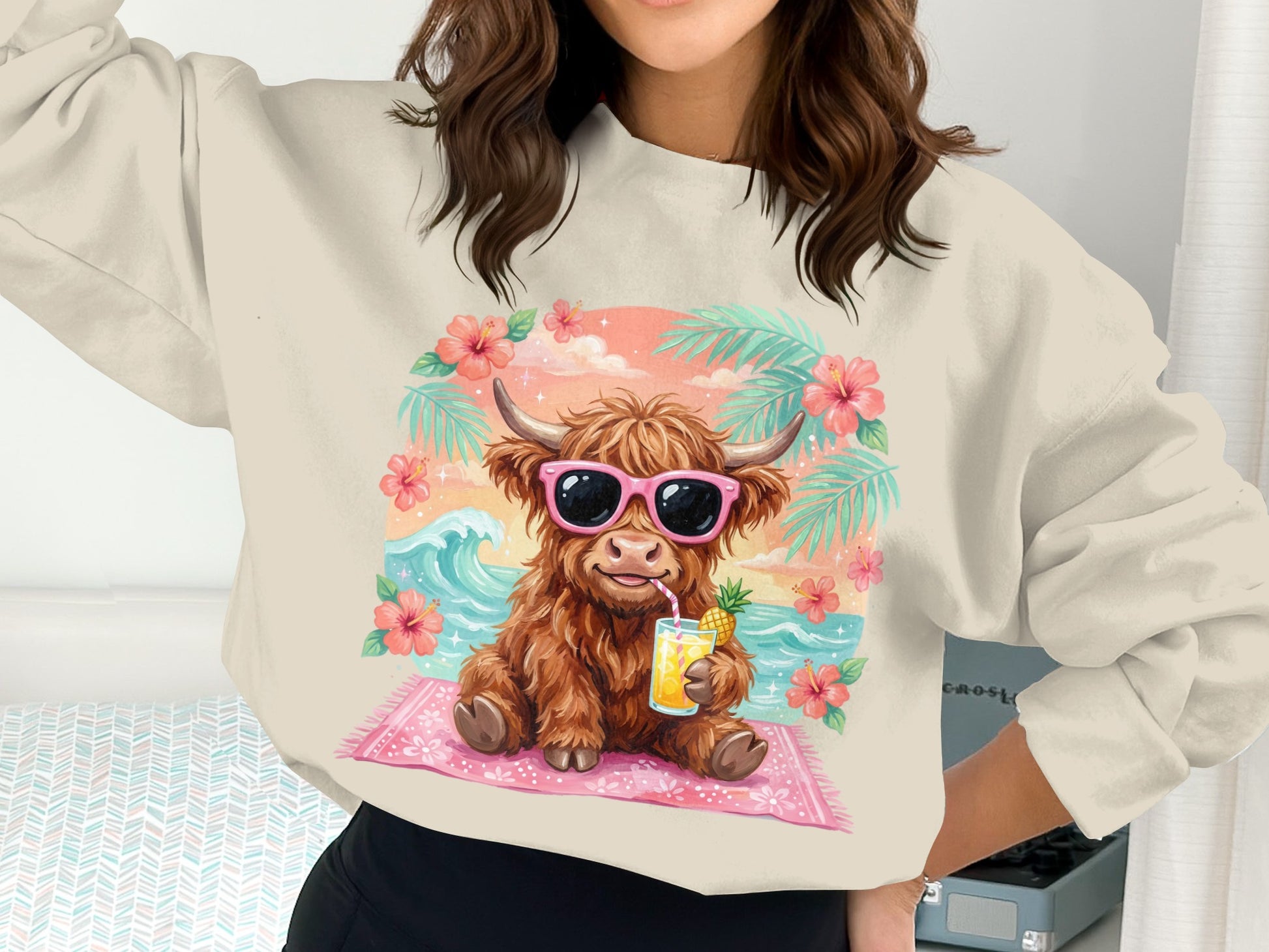 Fuzzy highland cow in sunglasses sips pineapple drink on pink mat, tropical background.