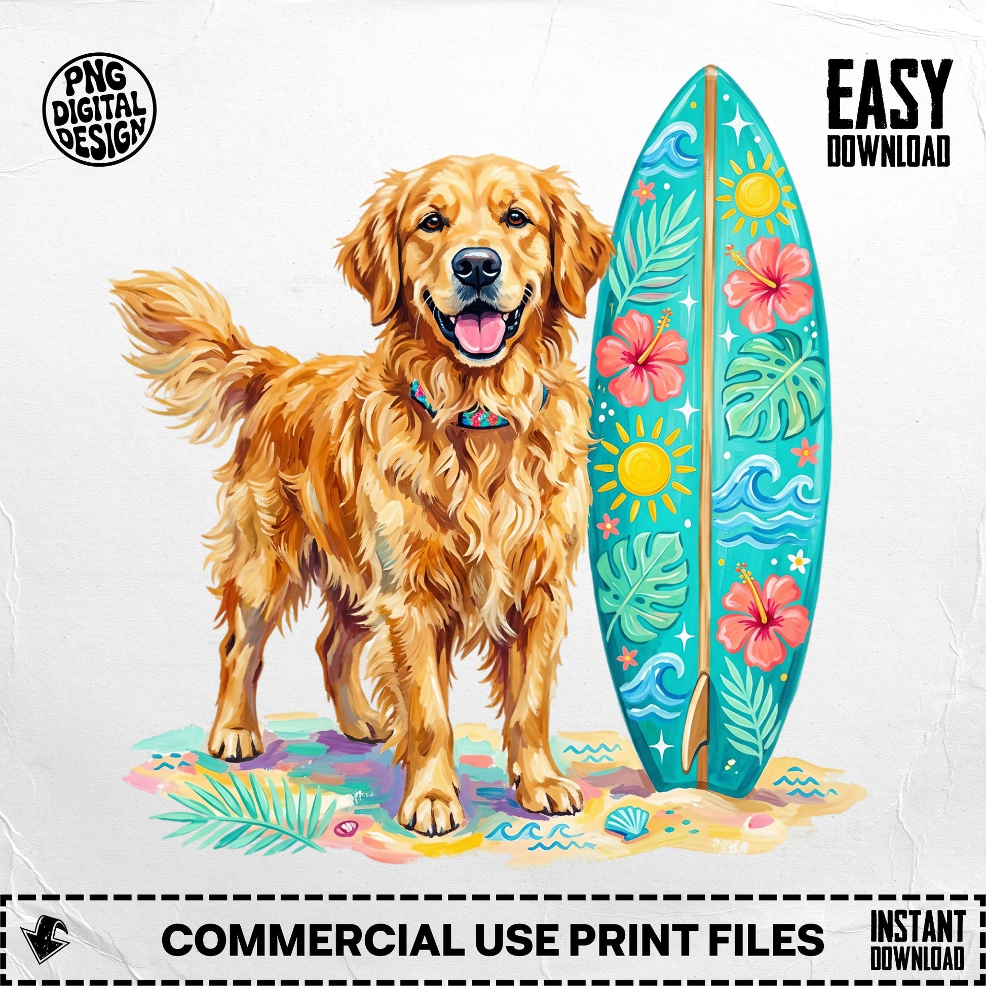 Golden retriever dog standing next to a surf board with hibiscus flowers and suns.