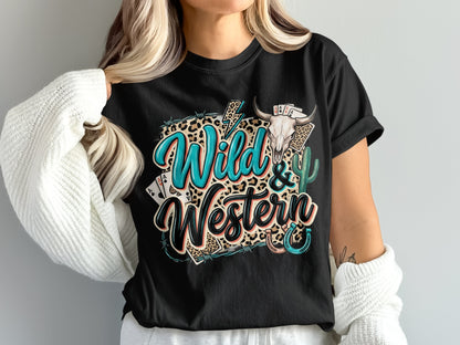 Black t-shirt with "Wild & Western" text, skull, playing cards, and cactus design.