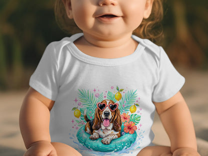 Baby wearing white bodysuit with a cartoon basset hound in sunglasses on an inner tube.
