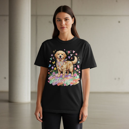 Black t-shirt with a Golden Retriever and "Golden Mama" text.