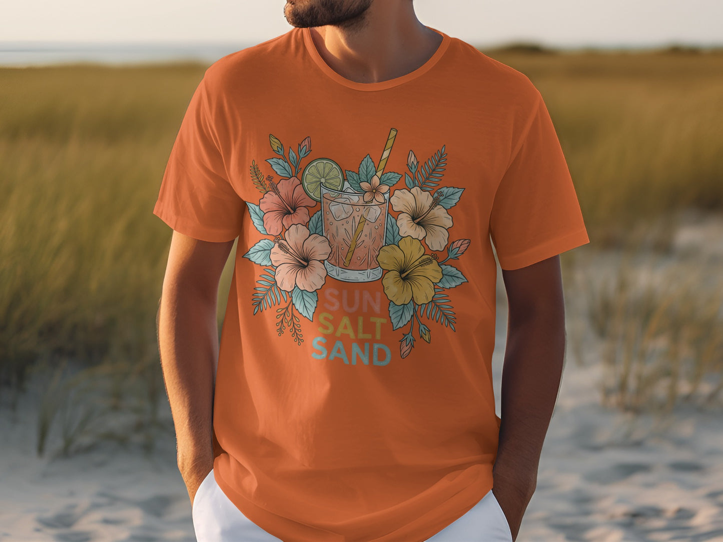 Orange t-shirt with floral wreath and "Sun Salt Sand" text.