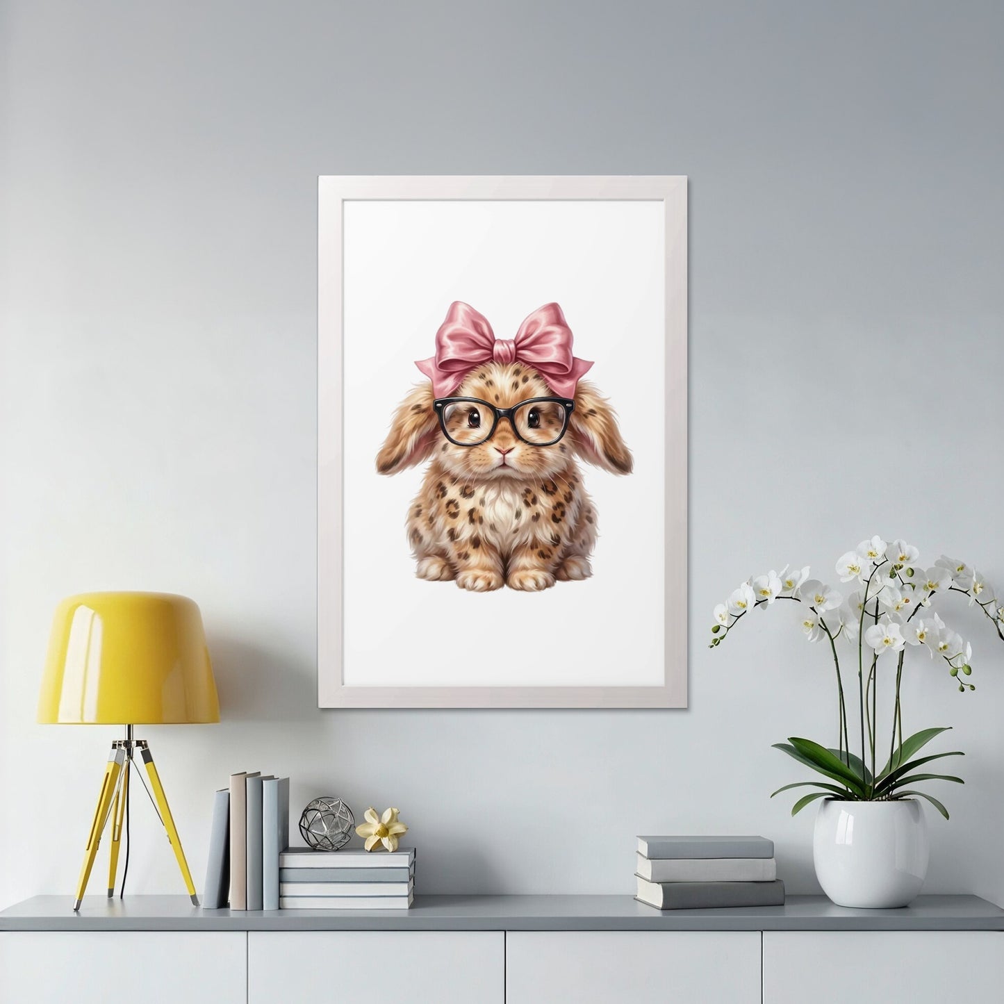 Illustration of a bunny wearing glasses and a pink bow, on a gray shelf.