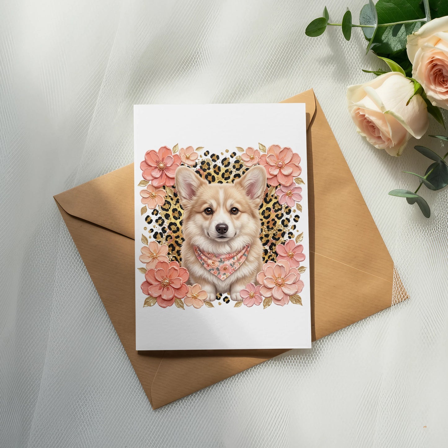 Corgi wearing bandana, surrounded by flowers and leopard print on a card.