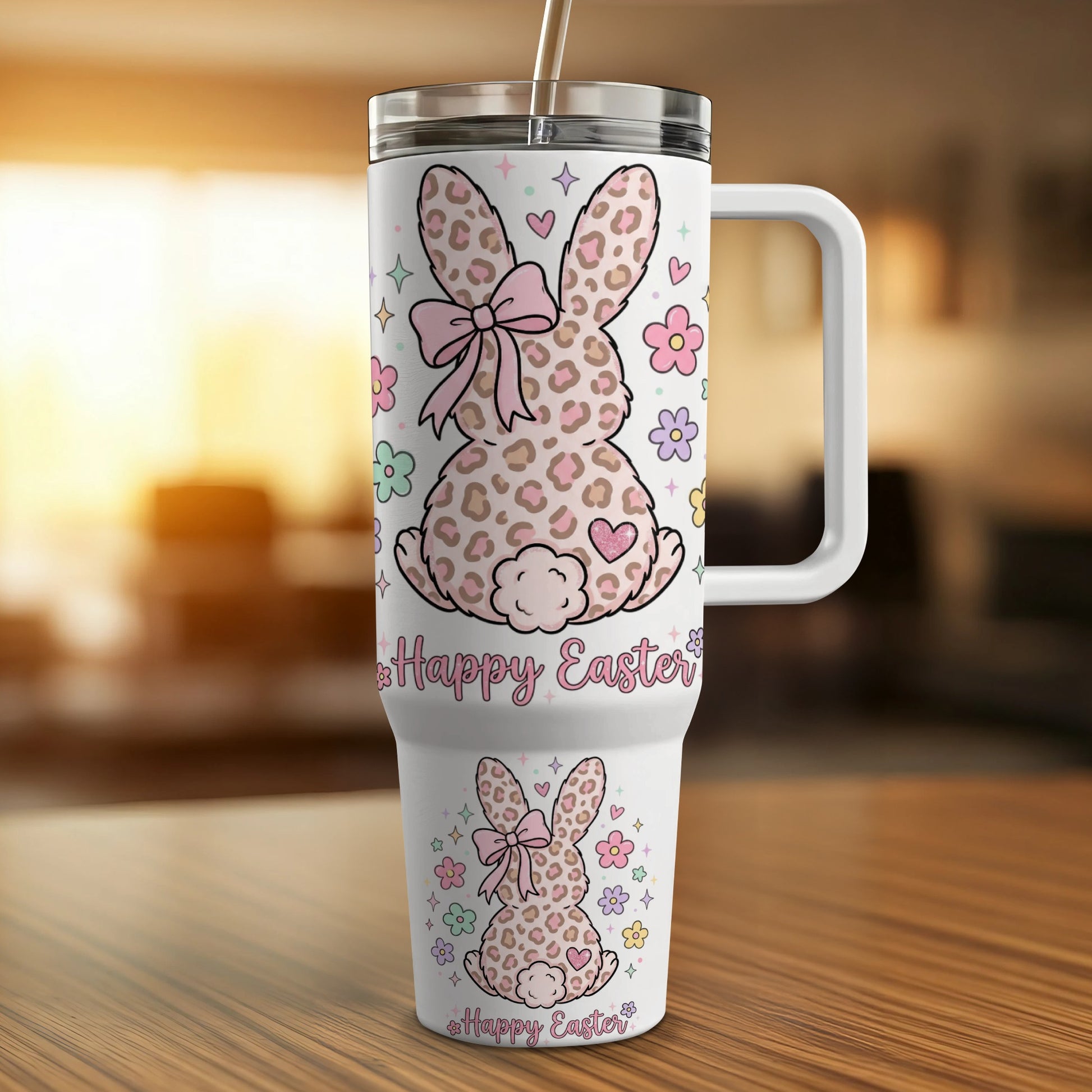 Pink and white leopard print Easter bunny tumbler with flowers and "Happy Easter".