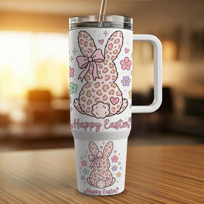 Pink and white leopard print Easter bunny tumbler with flowers and "Happy Easter".