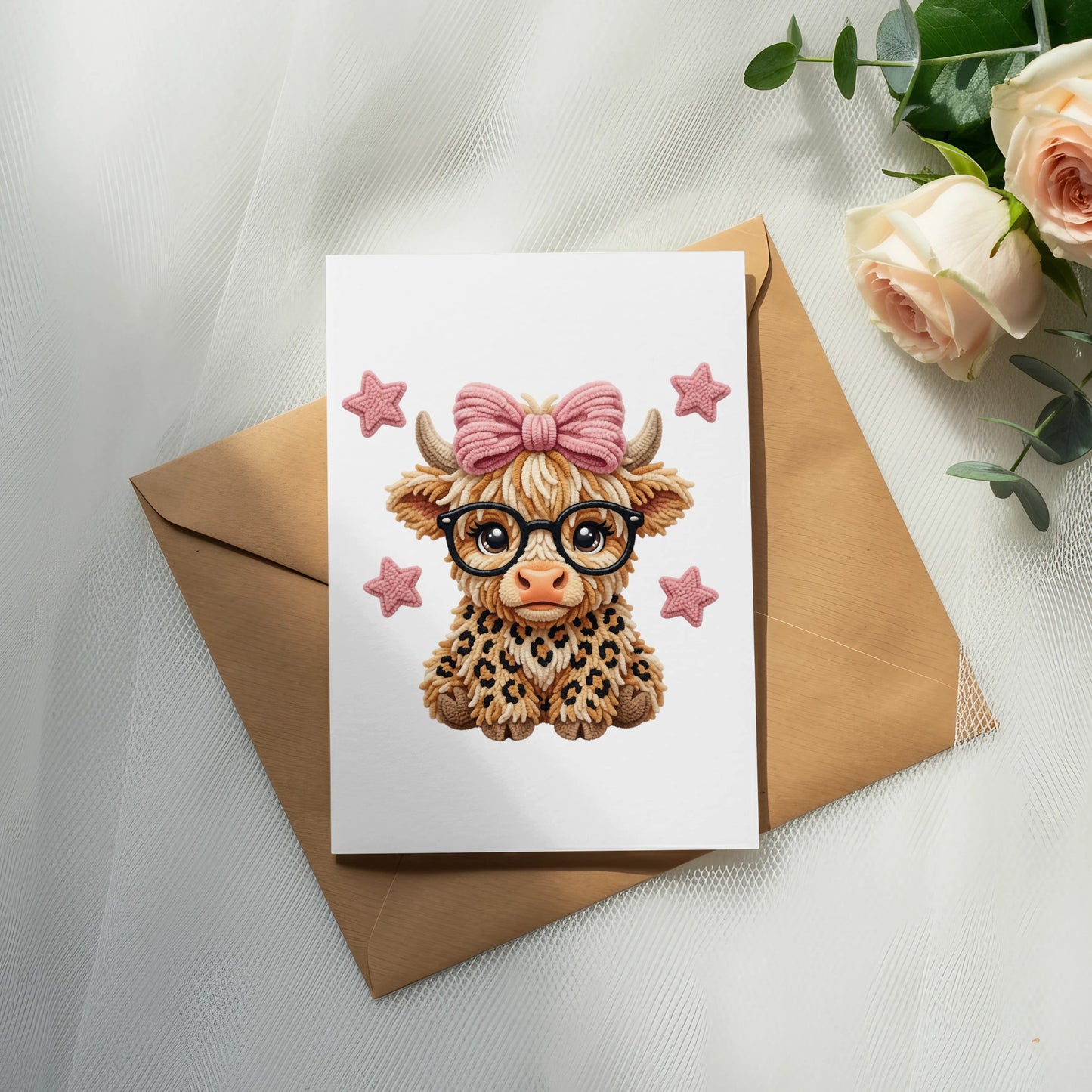 Illustration of a Highland cow wearing glasses and a pink bow on a card.