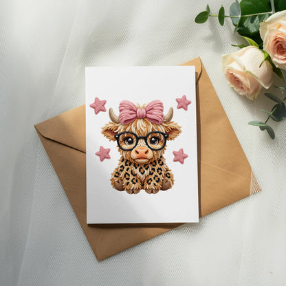 Illustration of a Highland cow wearing glasses and a pink bow on a card.