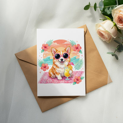 Corgi wearing sunglasses with cocktail on beach-themed card.