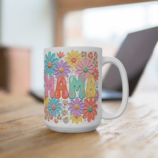 MAMA in colorful bubbly floral letters on a white ceramic mug.