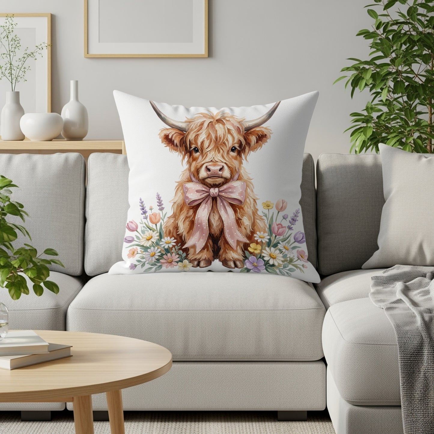 Fluffy Highland cow wearing a pink bow on a pillow with flowers.