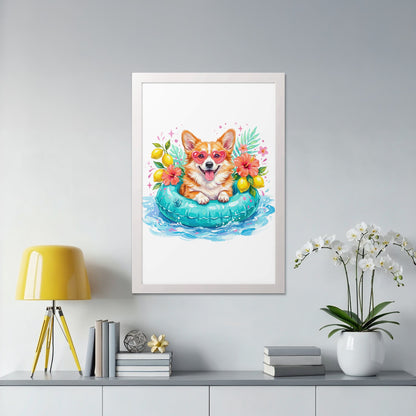 Corgi wearing sunglasses floats on a blue inner tube with lemons and flowers.
