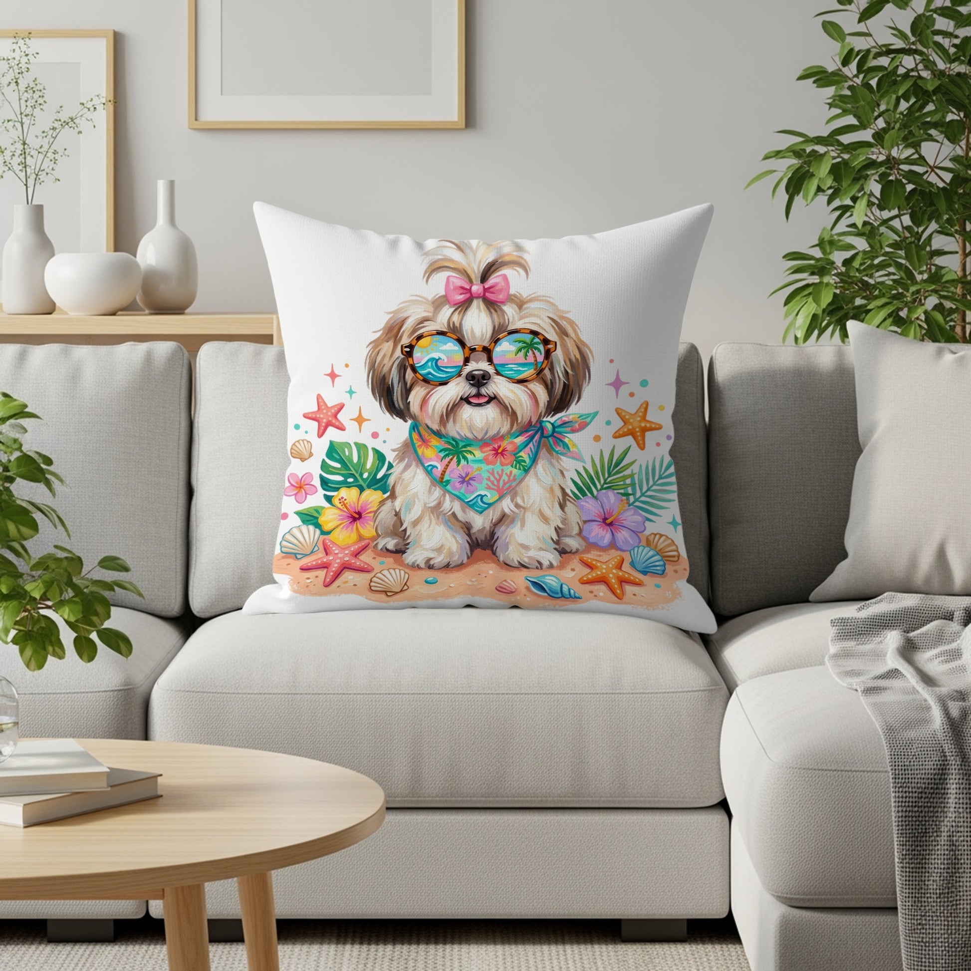 Shih Tzu wearing sunglasses and bandana on a beach, on a pillow.