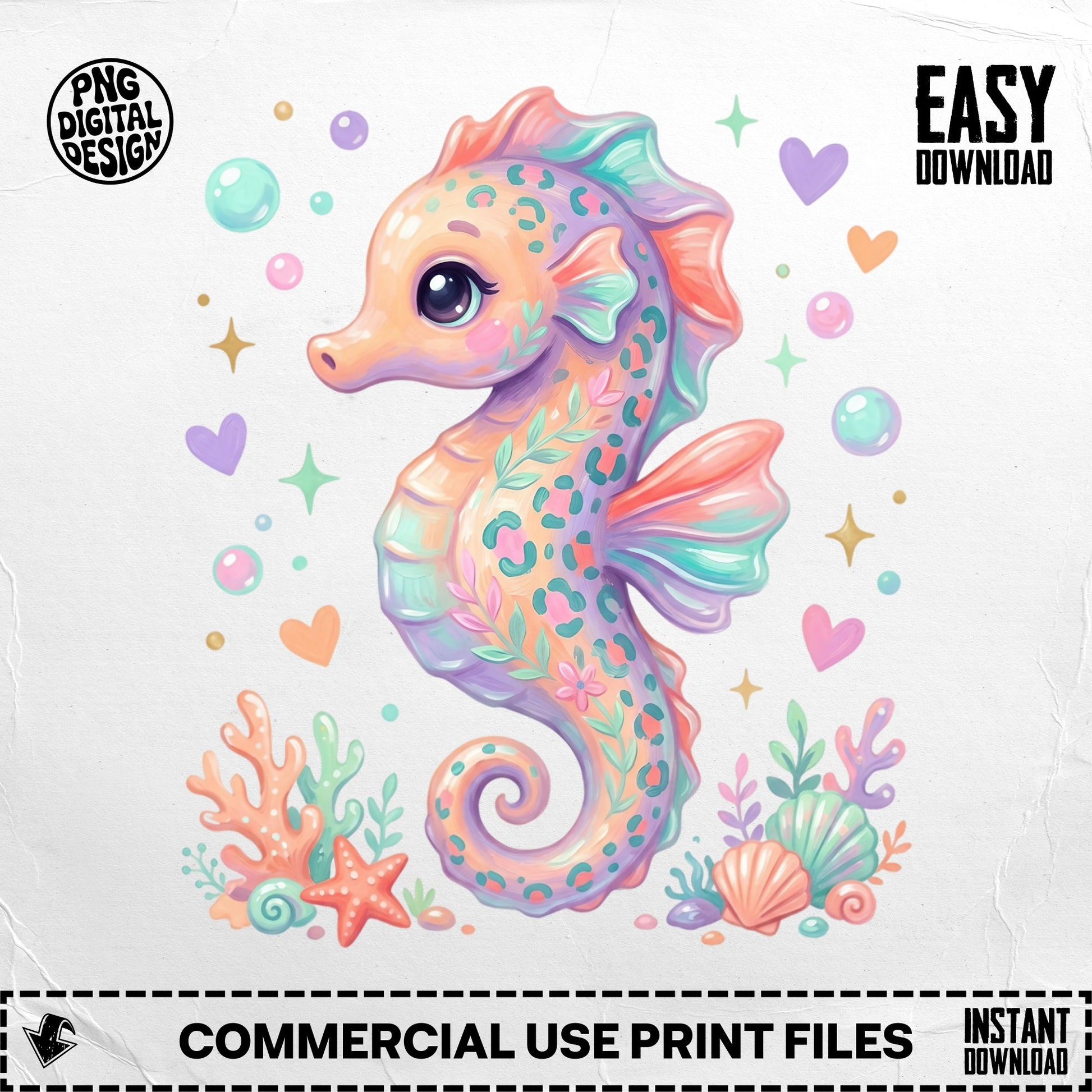 Pink and orange seahorse with coral and seashells, with "PNG DIGITAL DESIGN" and "EASY DOWNLOAD".