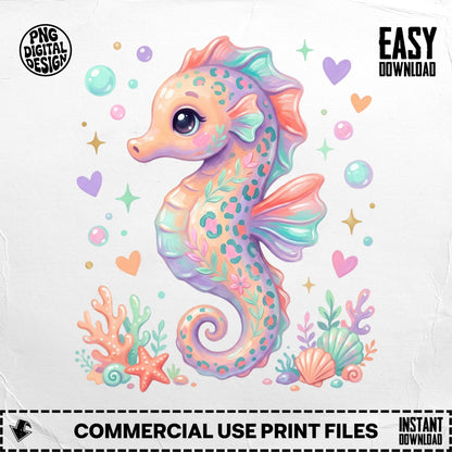 Pink and orange seahorse with coral and seashells, with "PNG DIGITAL DESIGN" and "EASY DOWNLOAD".