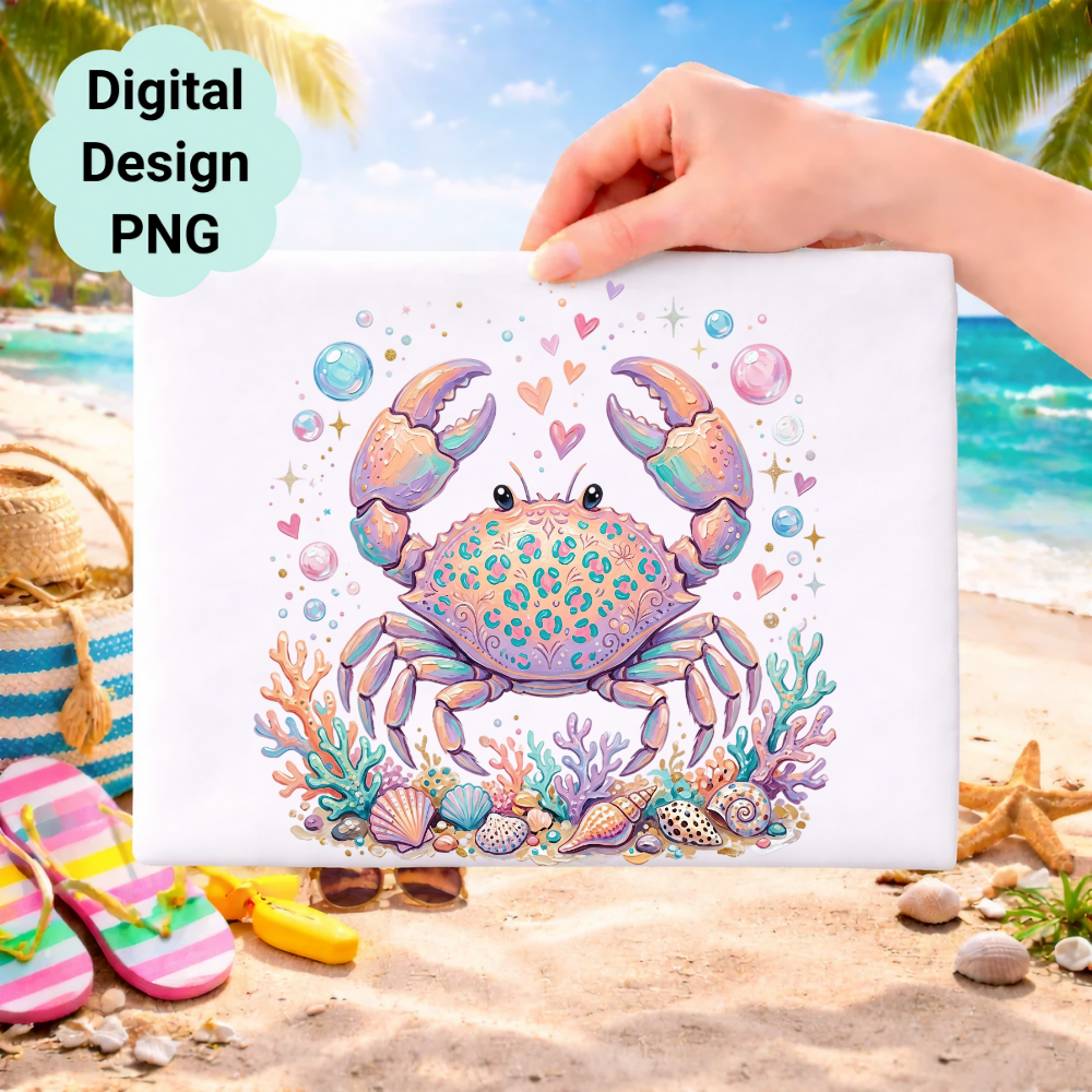 Whimsical teal crab with hearts and bubbles, surrounded by coral and seashells on a beach.