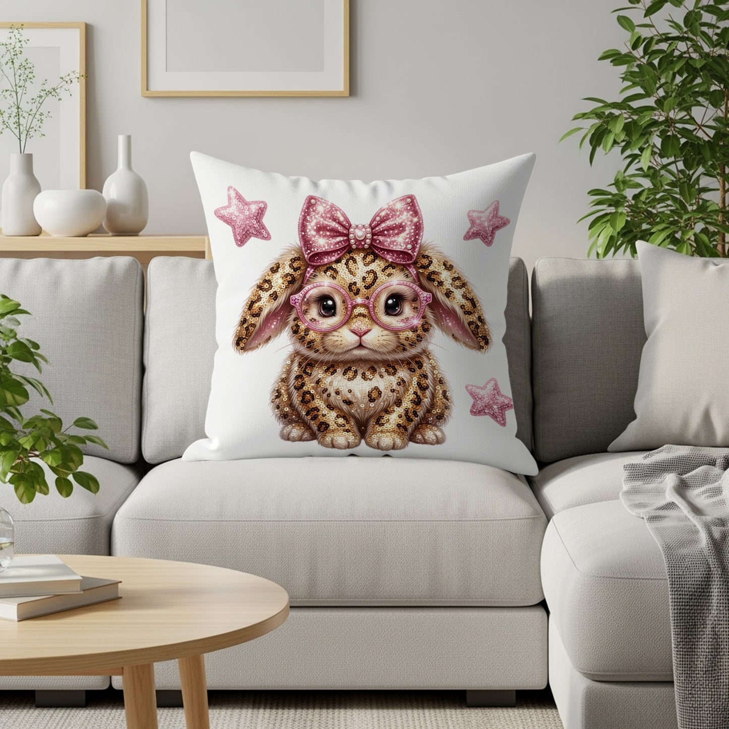 Leopard print bunny with pink glasses and bow on a couch.