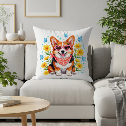 Corgi wearing heart sunglasses and bandana on couch with flowers.