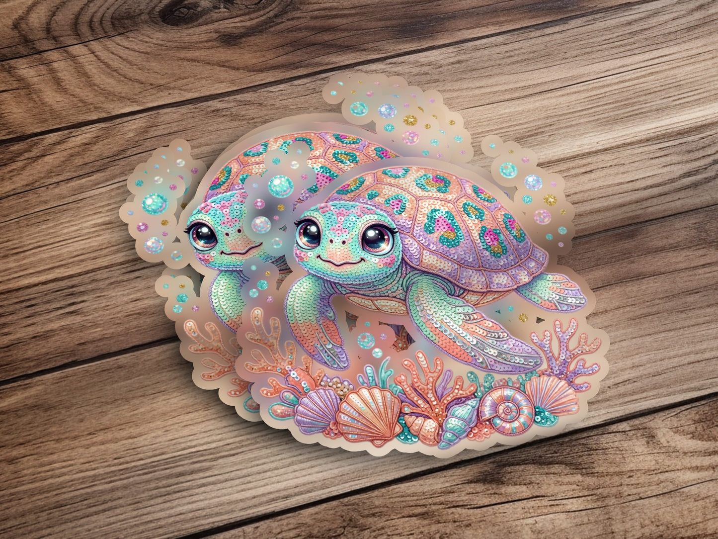 Two cartoon sea turtles among coral and seashells on a wooden background.
