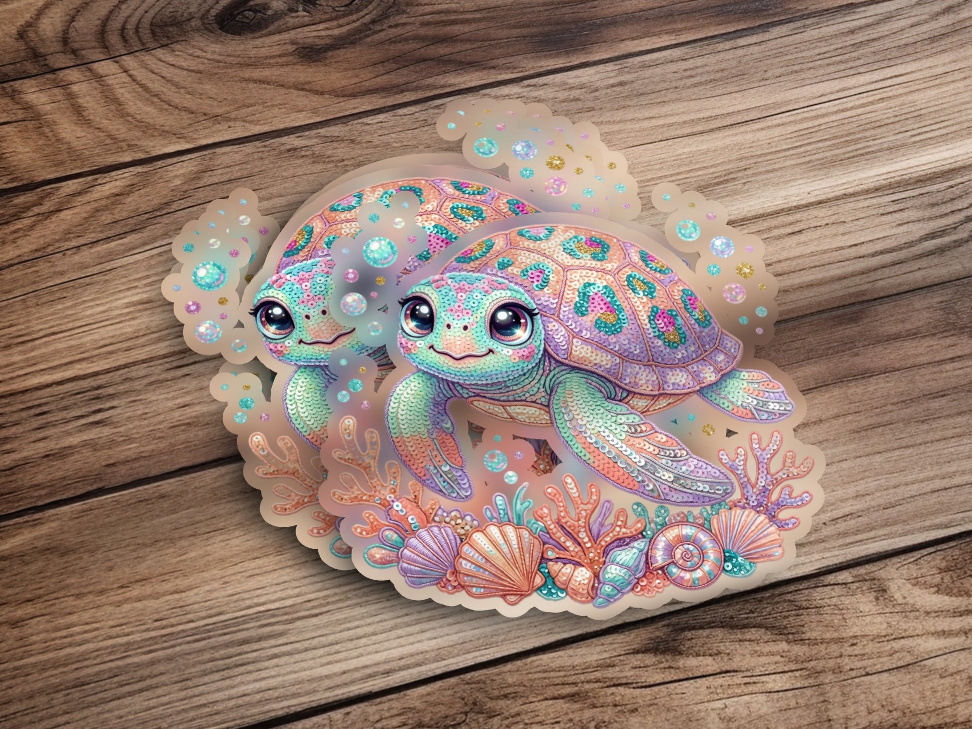 Two cartoon sea turtles among coral and seashells on a wooden background.