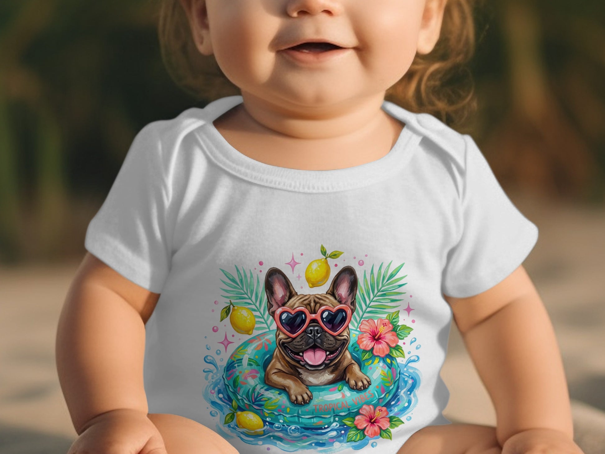 White baby onesie with a French bulldog graphic in sunglasses and a float.