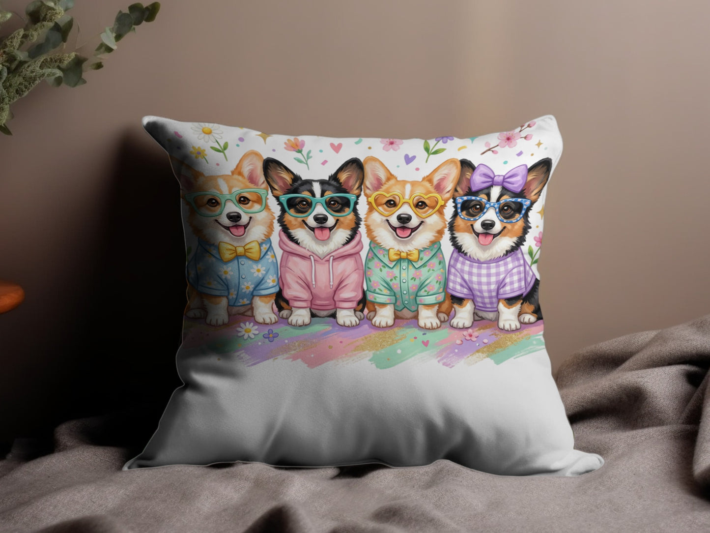 Four corgi dogs wearing glasses and outfits on a floral background.
