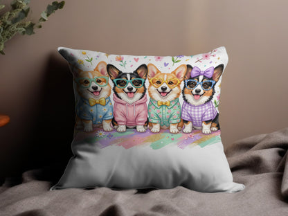Four corgi dogs wearing glasses and outfits on a floral background.