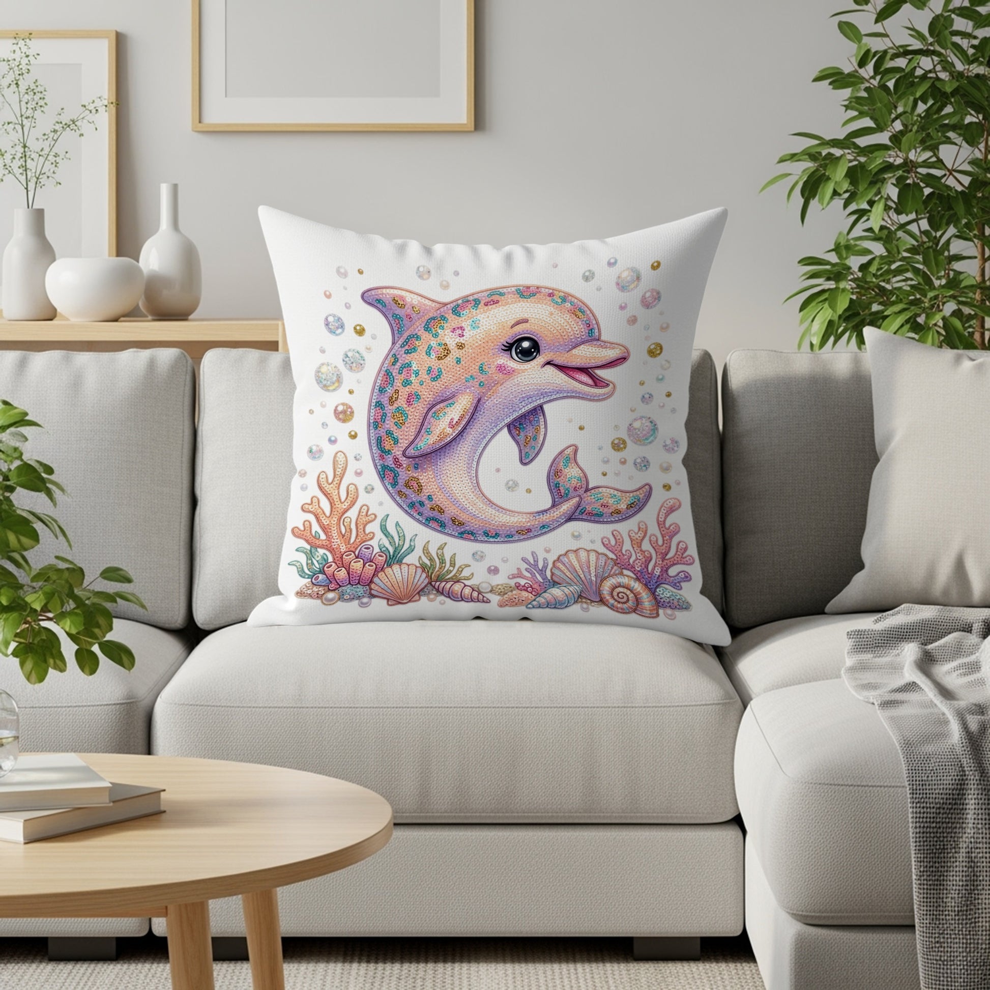 Colorful cartoon dolphin on throw pillow with seashells and coral.