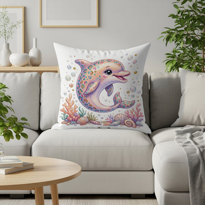 Colorful cartoon dolphin on throw pillow with seashells and coral.