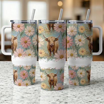 Highland cow and floral pattern on a white tumbler with straw.
