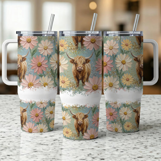 Highland cow and floral pattern on a white tumbler with straw.