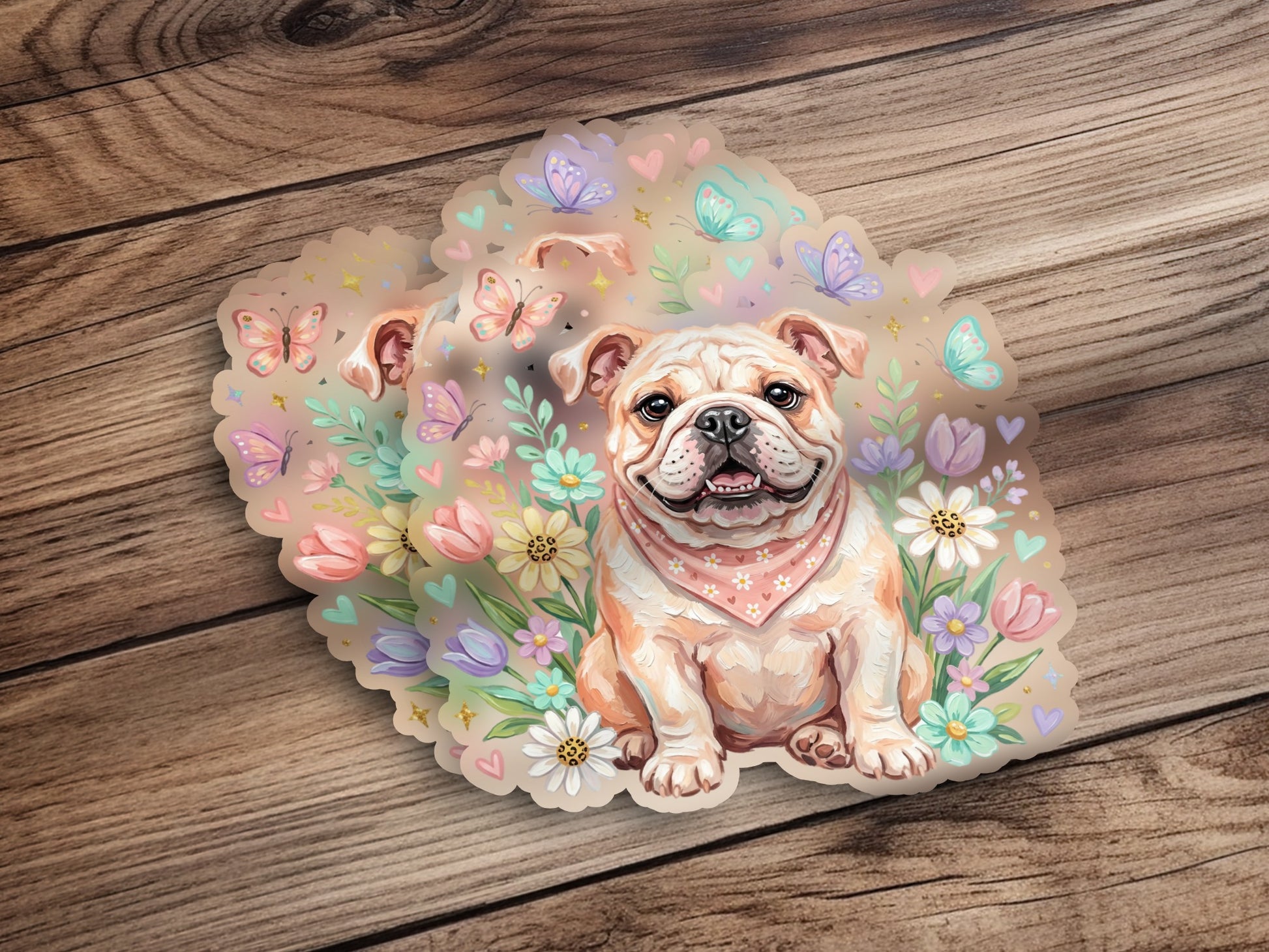 English bulldog sticker with pastel flowers and butterflies.