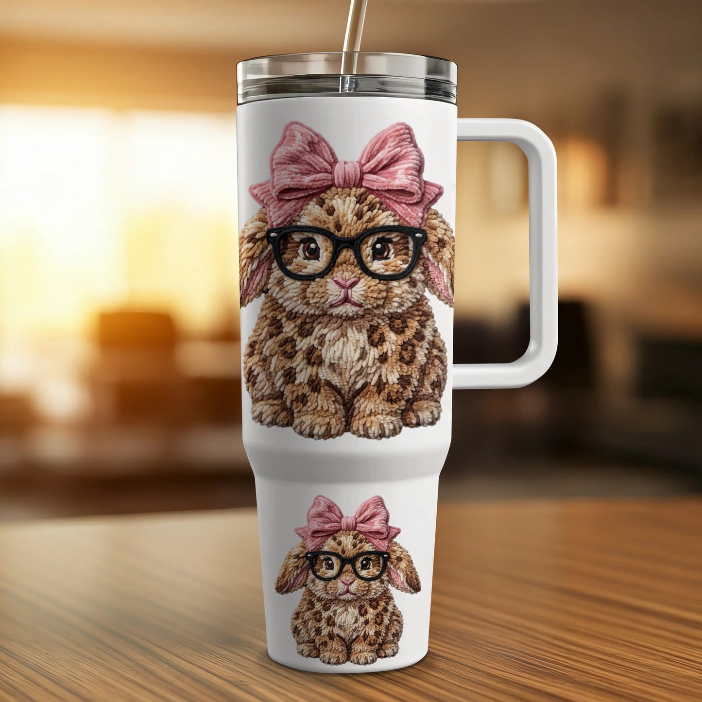 Cute bunny illustration on a white tumbler with straw and handle.