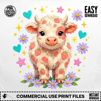 Kawaii strawberry cow with flowers and stars, digital design.