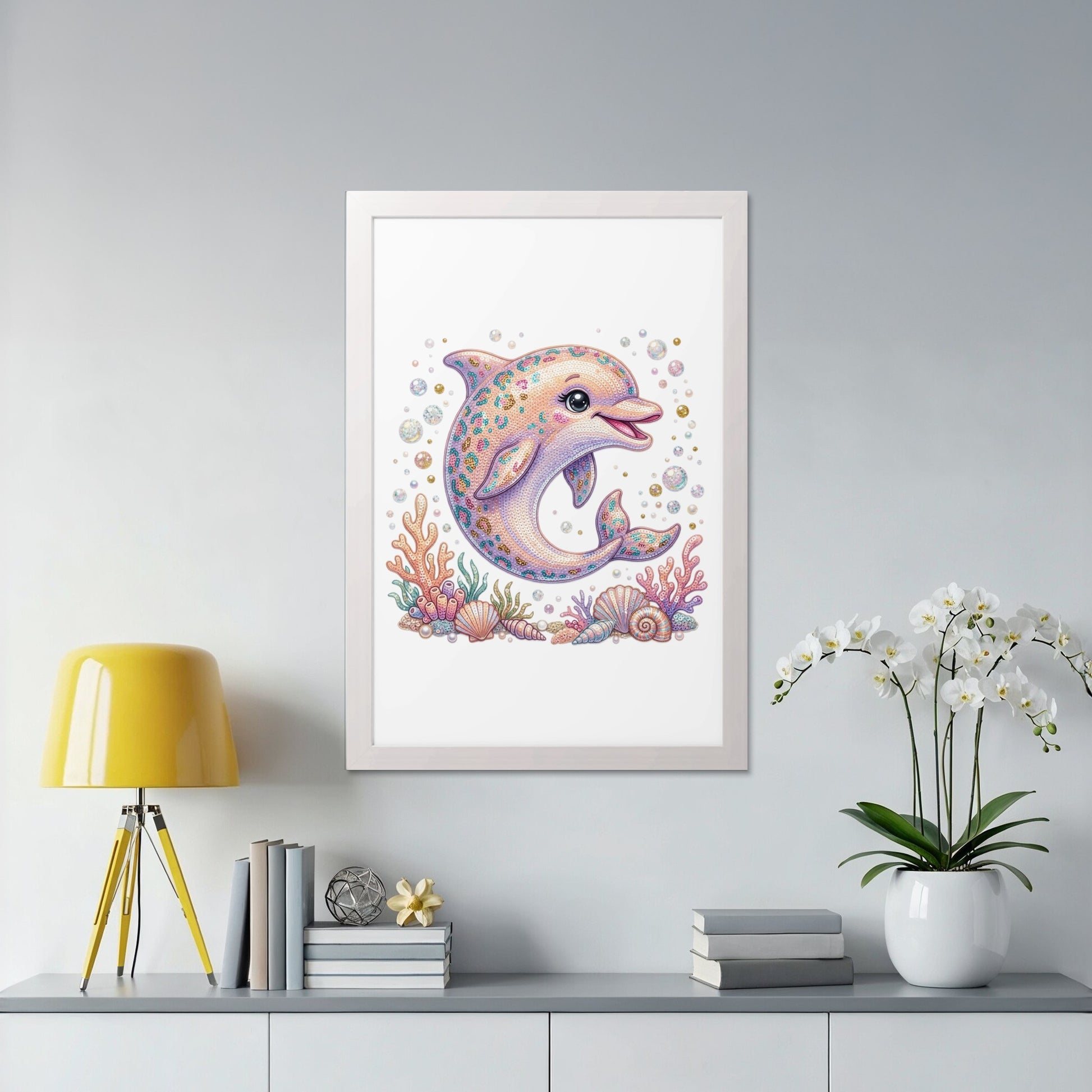 Colorful mosaic dolphin artwork surrounded by seashells and bubbles in a white frame.