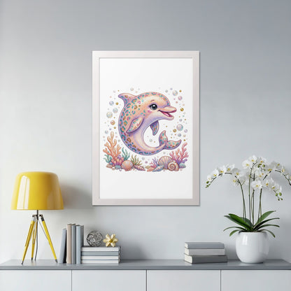 Colorful mosaic dolphin artwork surrounded by seashells and bubbles in a white frame.