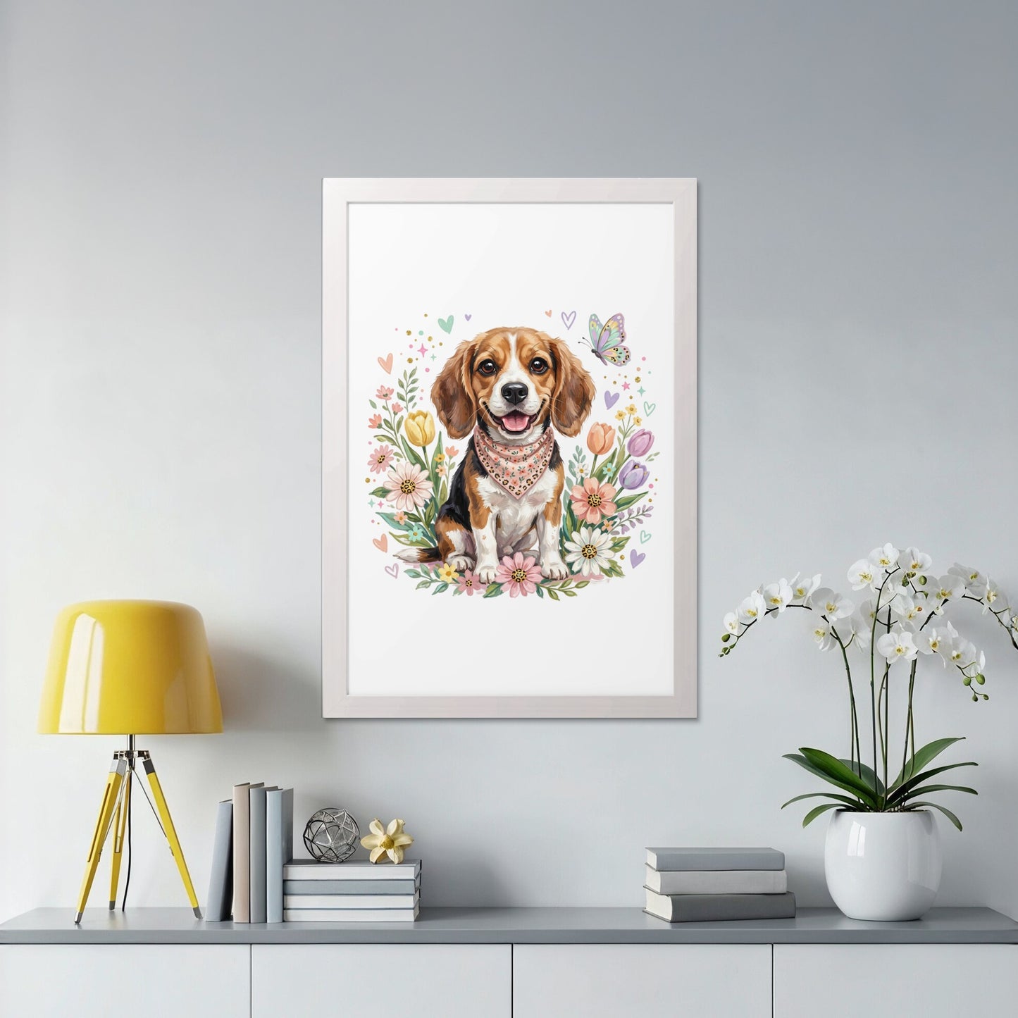 Beagle puppy wearing a bandana, sitting among flowers and a butterfly.