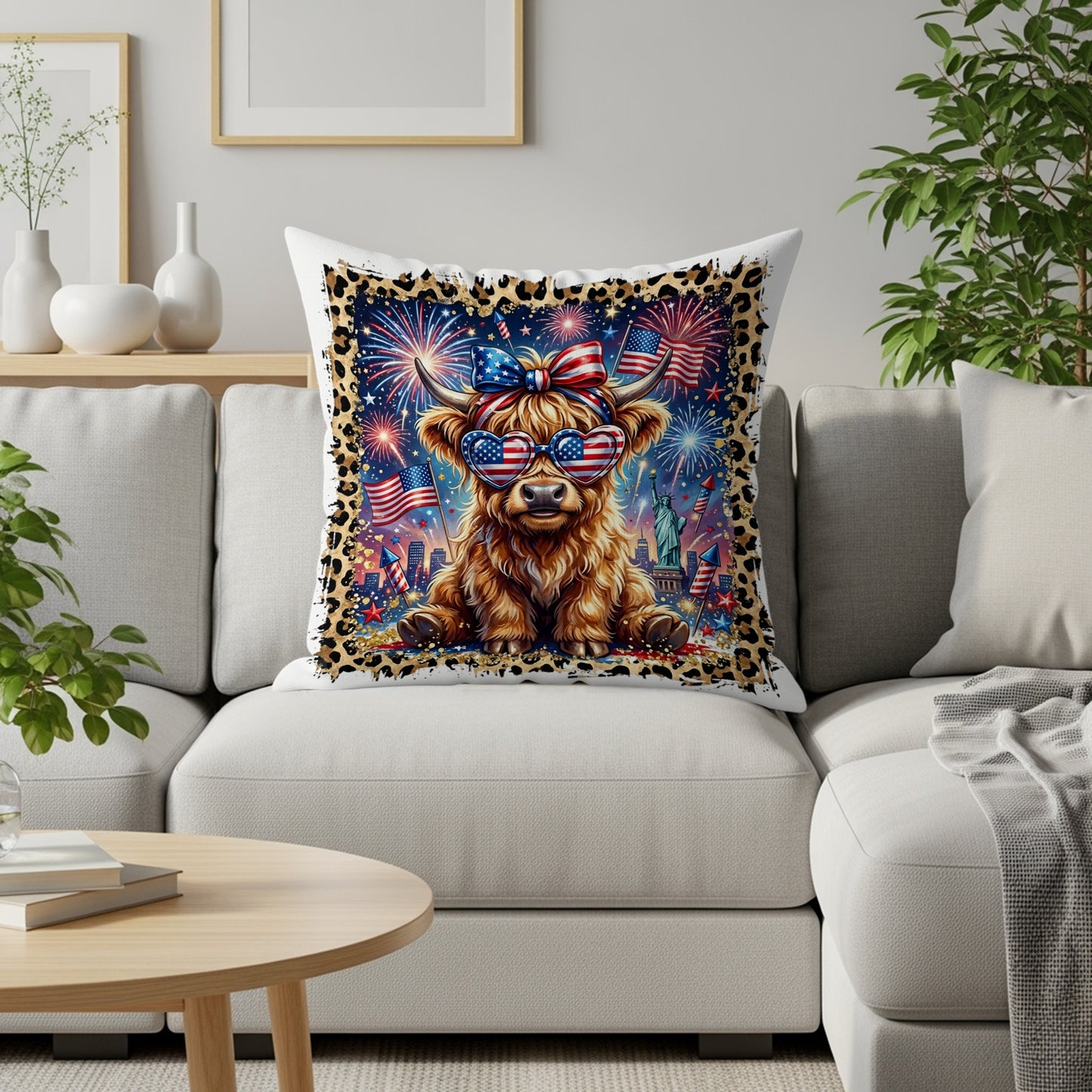 Highland cow wearing sunglasses and American flag bow, sitting on a couch.
