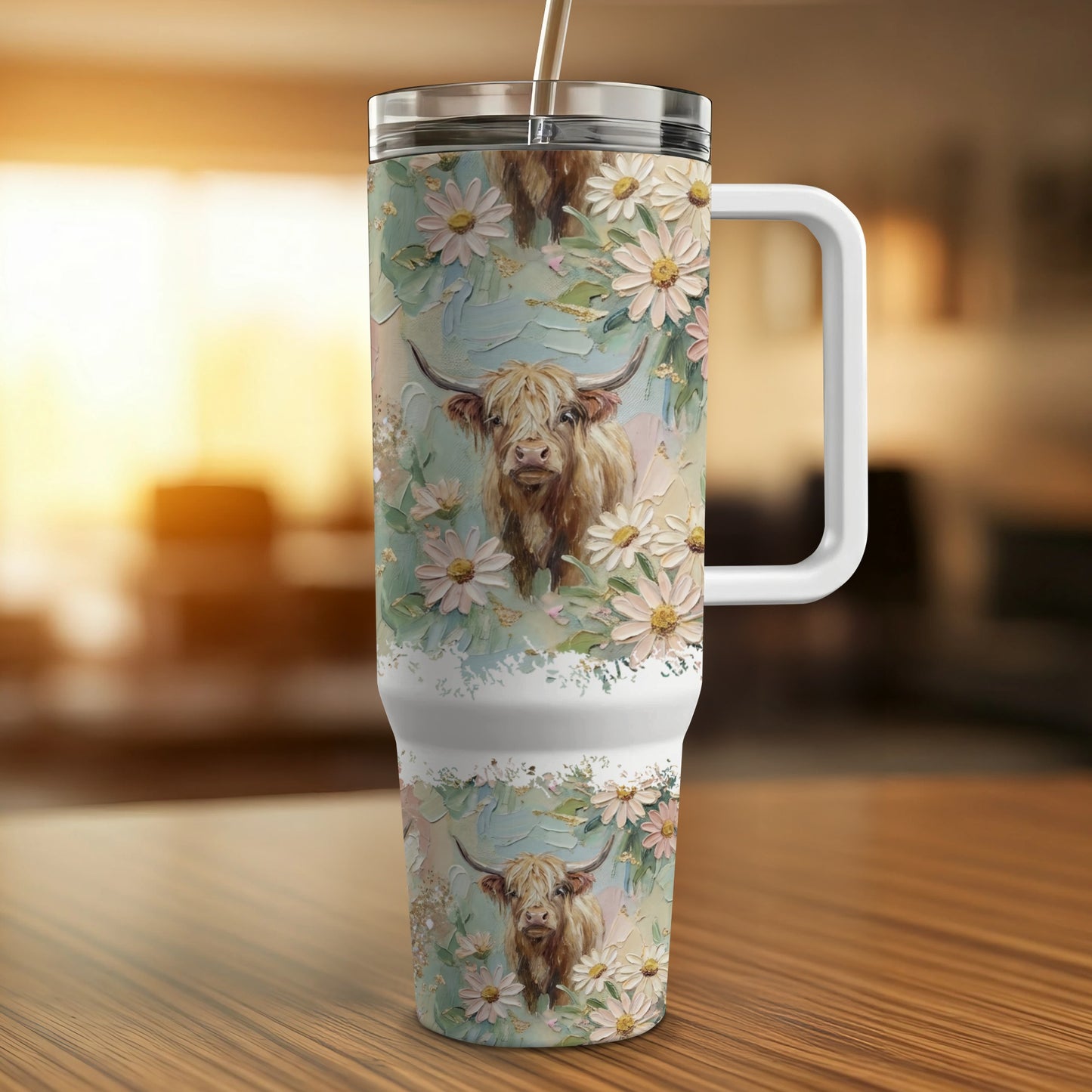 Highland cow and floral pattern on a large travel mug with handle and straw.