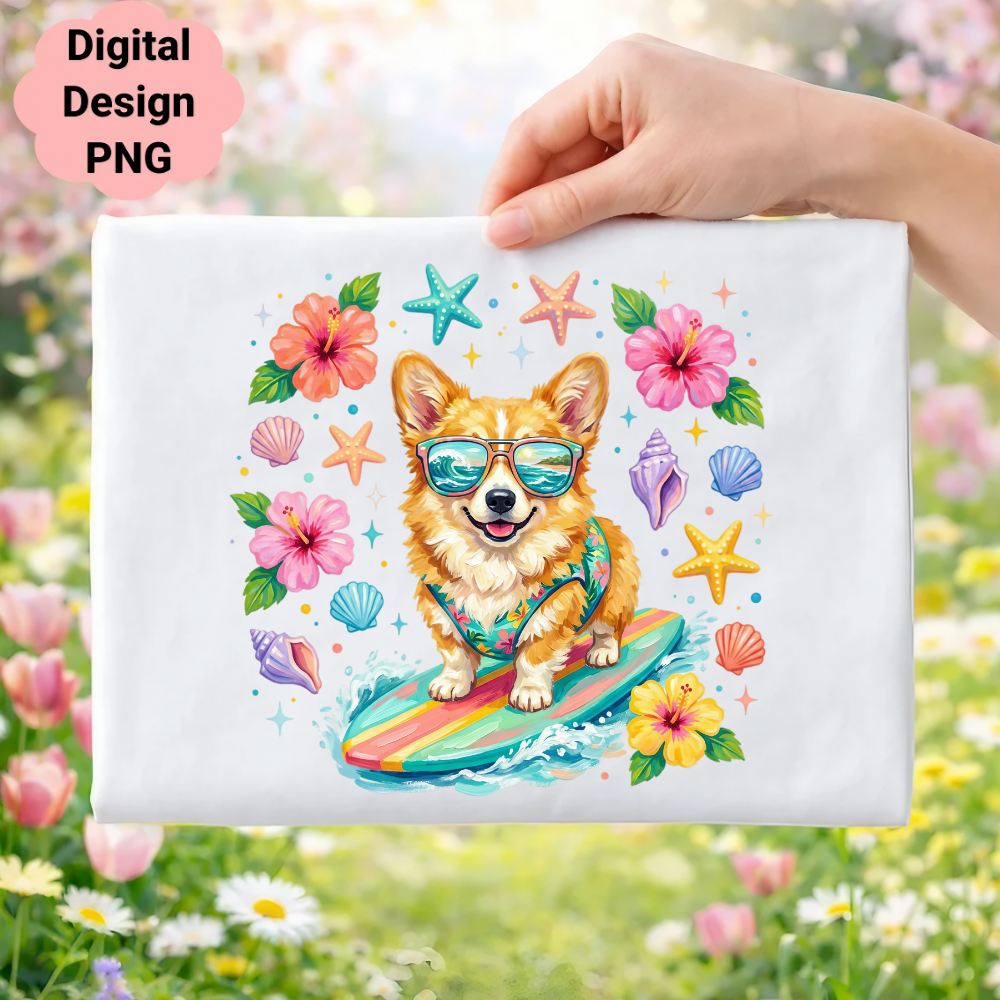 Corgi in sunglasses rides a surfboard with tropical flowers and seashells.