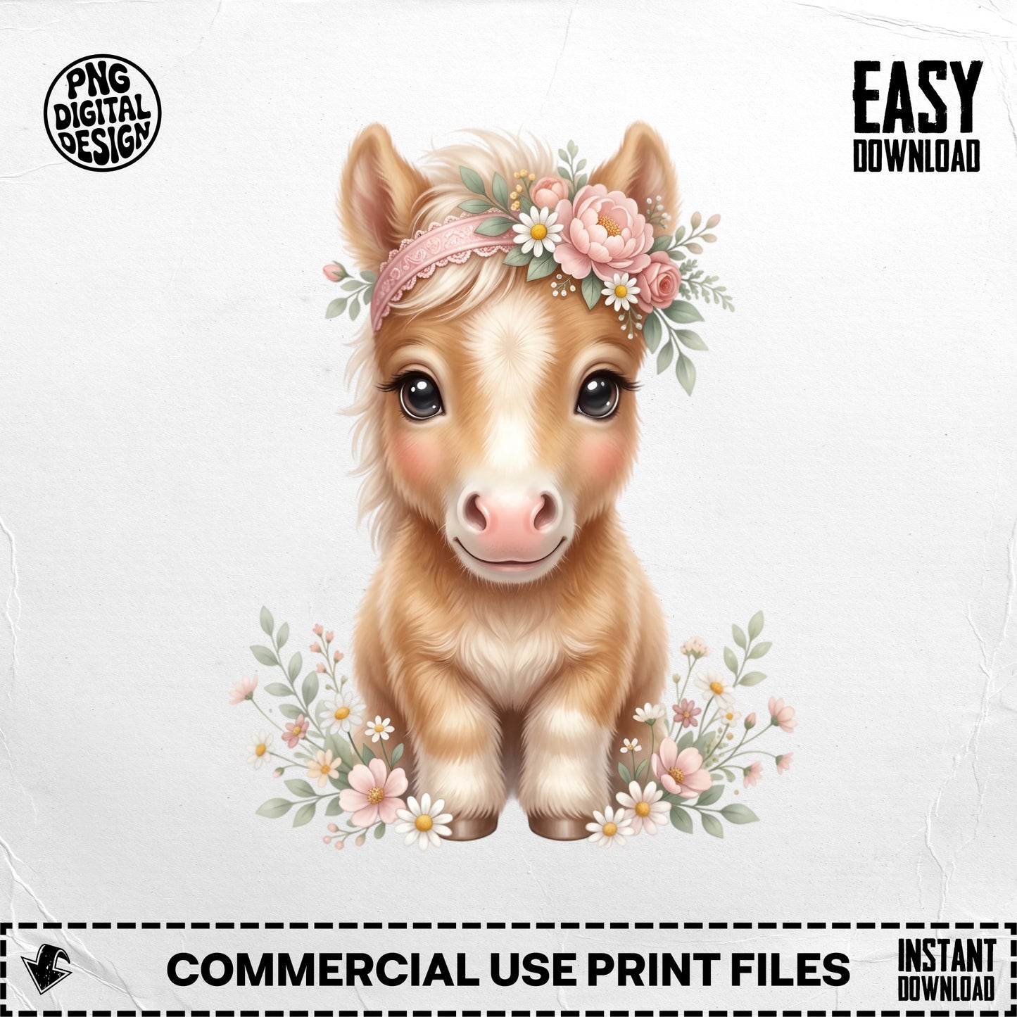 Cute pony adorned with floral crown and pastel flowers.