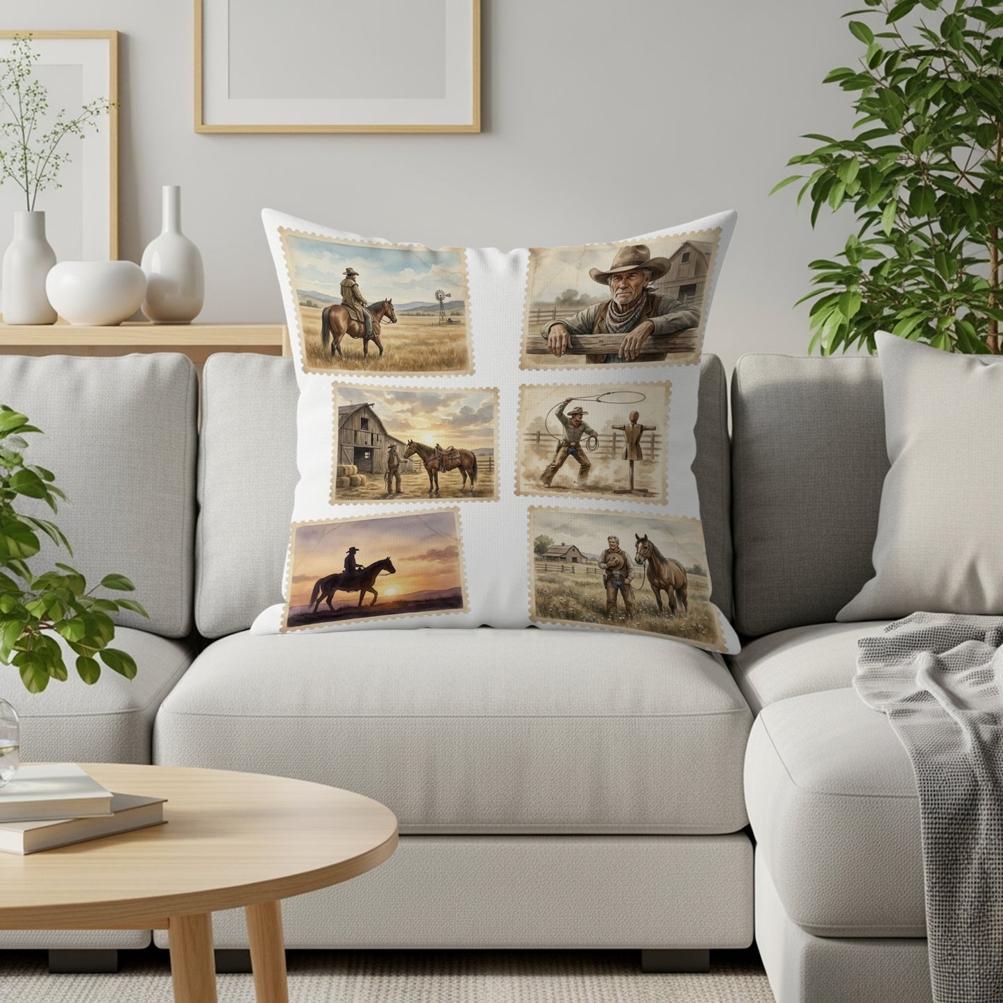 Couch with pillow featuring six vintage cowboy stamp illustrations.