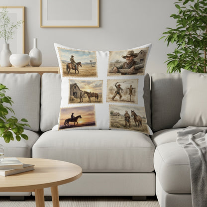 Couch with pillow featuring six vintage cowboy stamp illustrations.