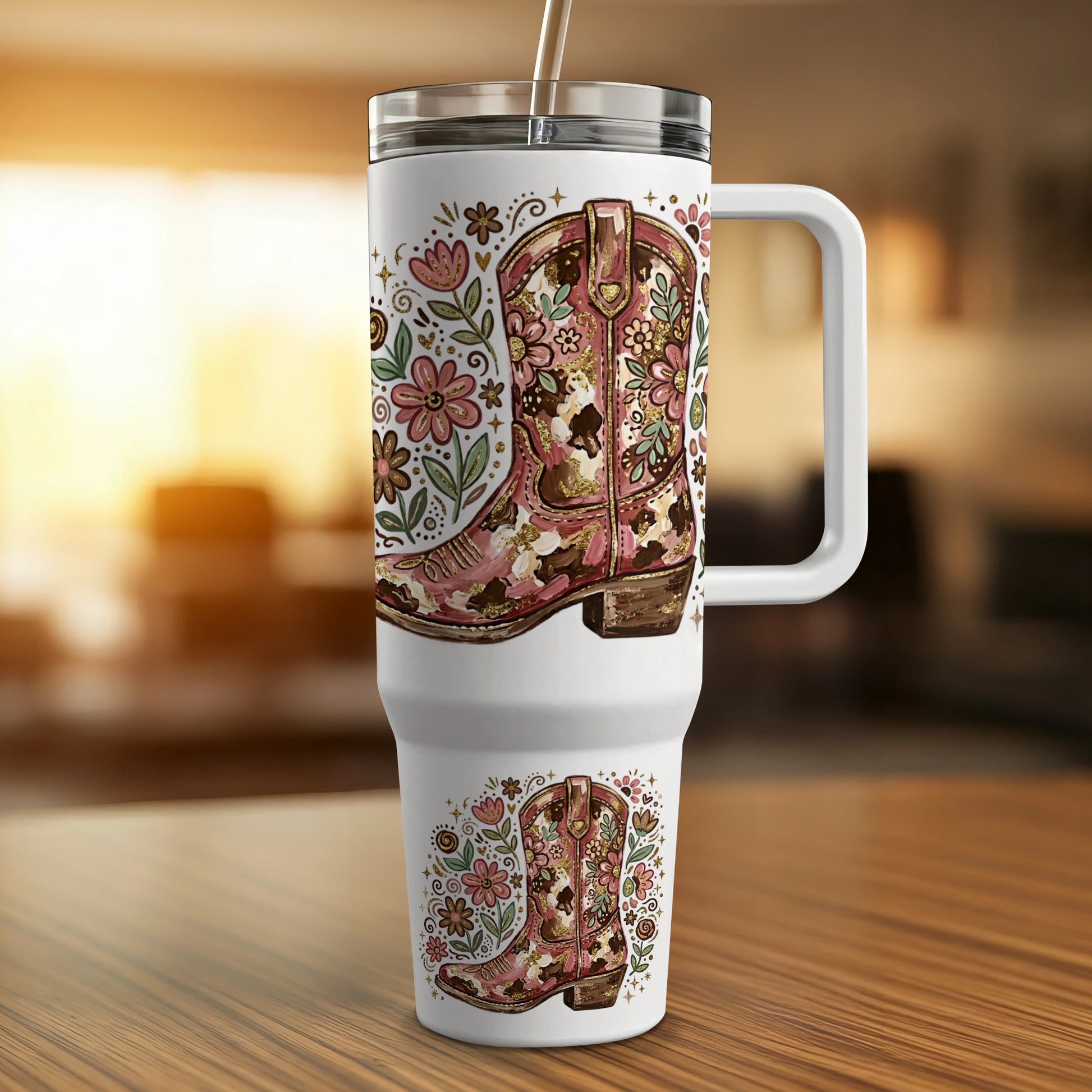 White tumbler with cow print and floral cowboy boot design.