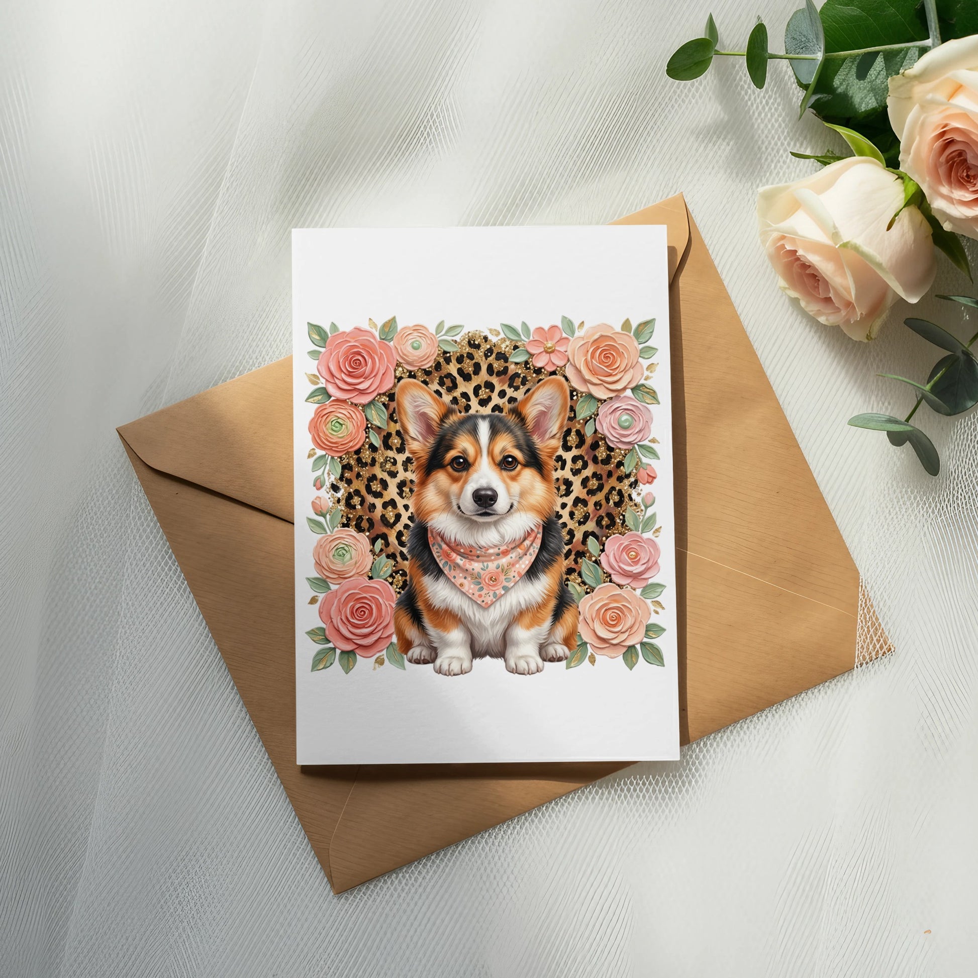 Card with corgi wearing bandana surrounded by roses and leopard print.