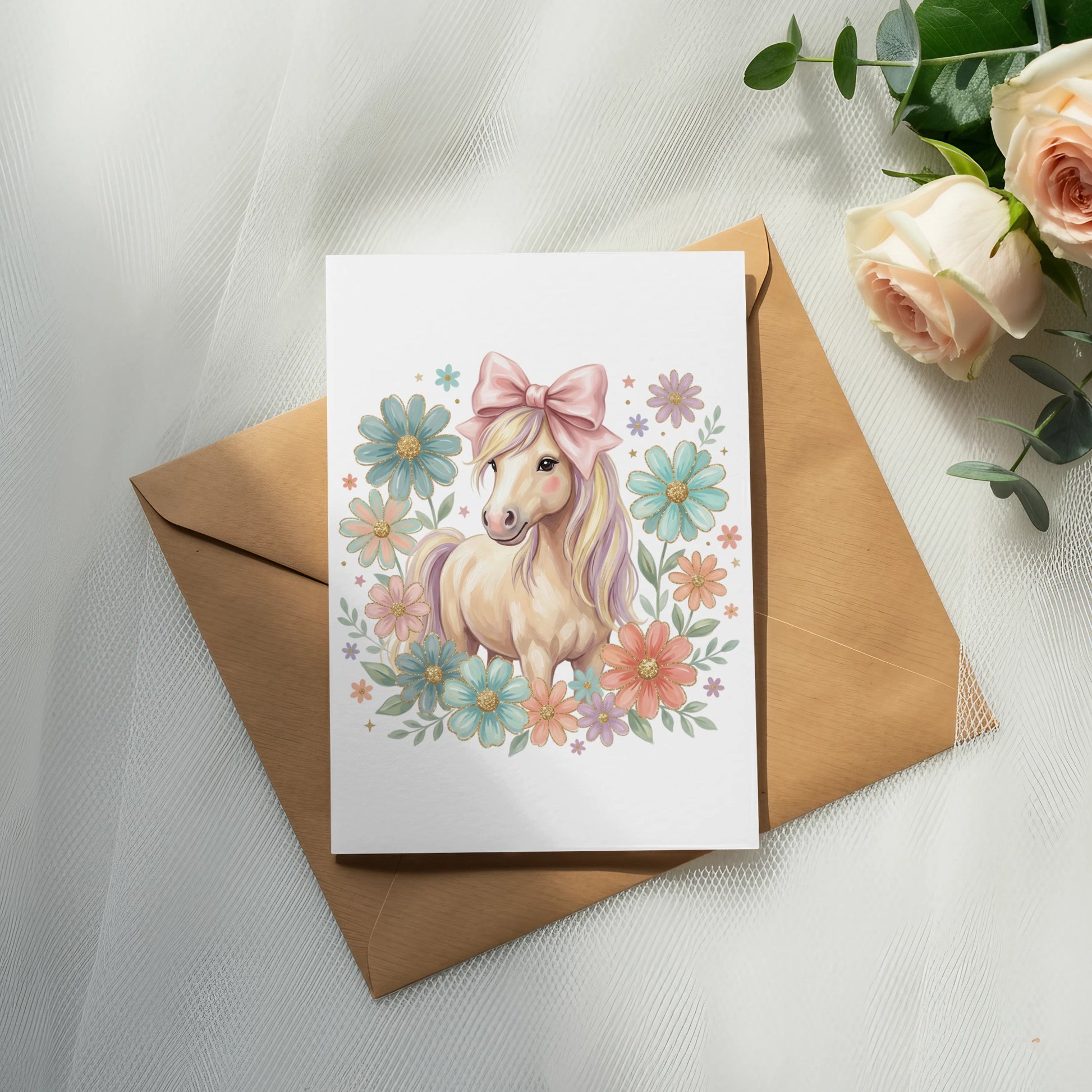 Watercolor unicorn illustration with flowers and a pink bow on a greeting card.