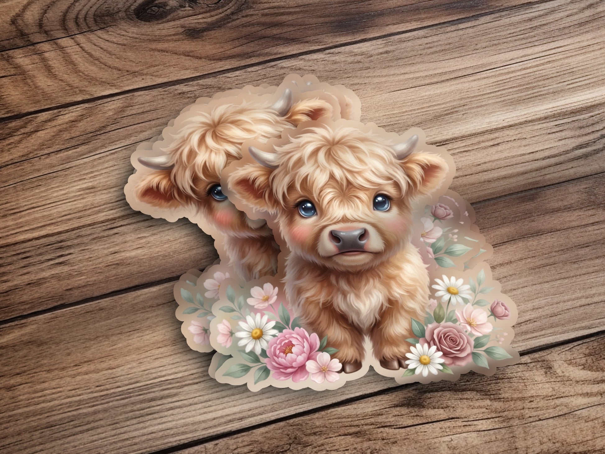 Two cute highland cow stickers with flowers on a wooden background.